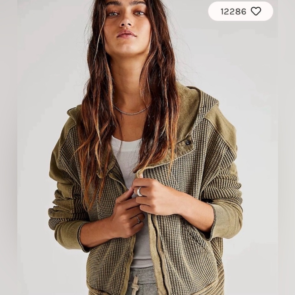Free People One Mason waffle thermal hoodie zip up. Army green. Small. NWT